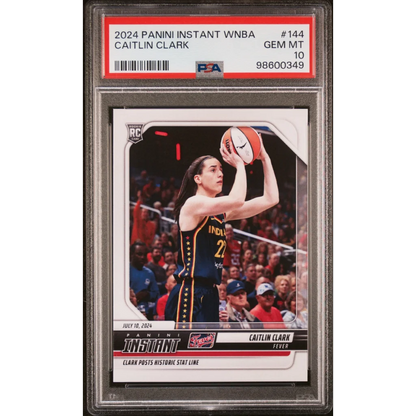 A graded 2024 Panini Instant WNBA Caitlin Clark rookie basketball card in PSA holder