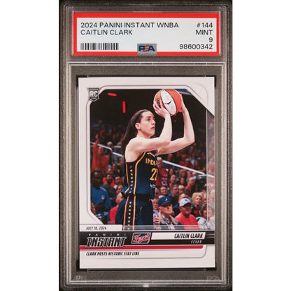 PSA graded Caitlin Clark Indiana Fever rookie basketball card on display