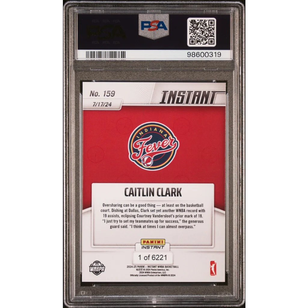 Graded 2024 Panini Instant WNBA Caitlin Clark #159 Sets Single Game Assists Record Rookie RC Basketball Card PSA 10 Gem Mint | PSA 10 Gem Mint Graded Rookie Card | vintageantiquesgifts.com