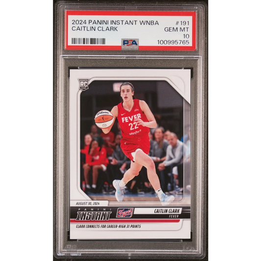 PSA-graded 2024 Panini Instant WNBA Caitlin Clark rookie card on display