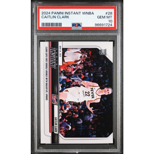 A graded 2024 Panini Instant WNBA Caitlin Clark rookie card in PSA holder