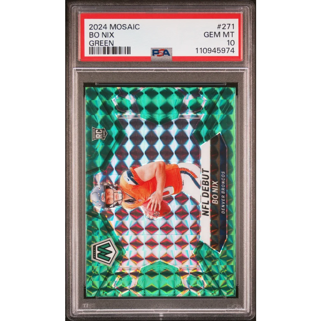 Graded 2024 Panini Mosaic Bo Nix #271 Green Rookie RC Football Card PSA 10 Gem Mint | Hall of Fame Sports Memorabilia | vintageantiquesgifts.com