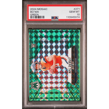 Graded 2024 Panini Mosaic Bo Nix #271 Green Rookie RC Football Card PSA 10 Gem Mint | Hall of Fame Sports Memorabilia | vintageantiquesgifts.com