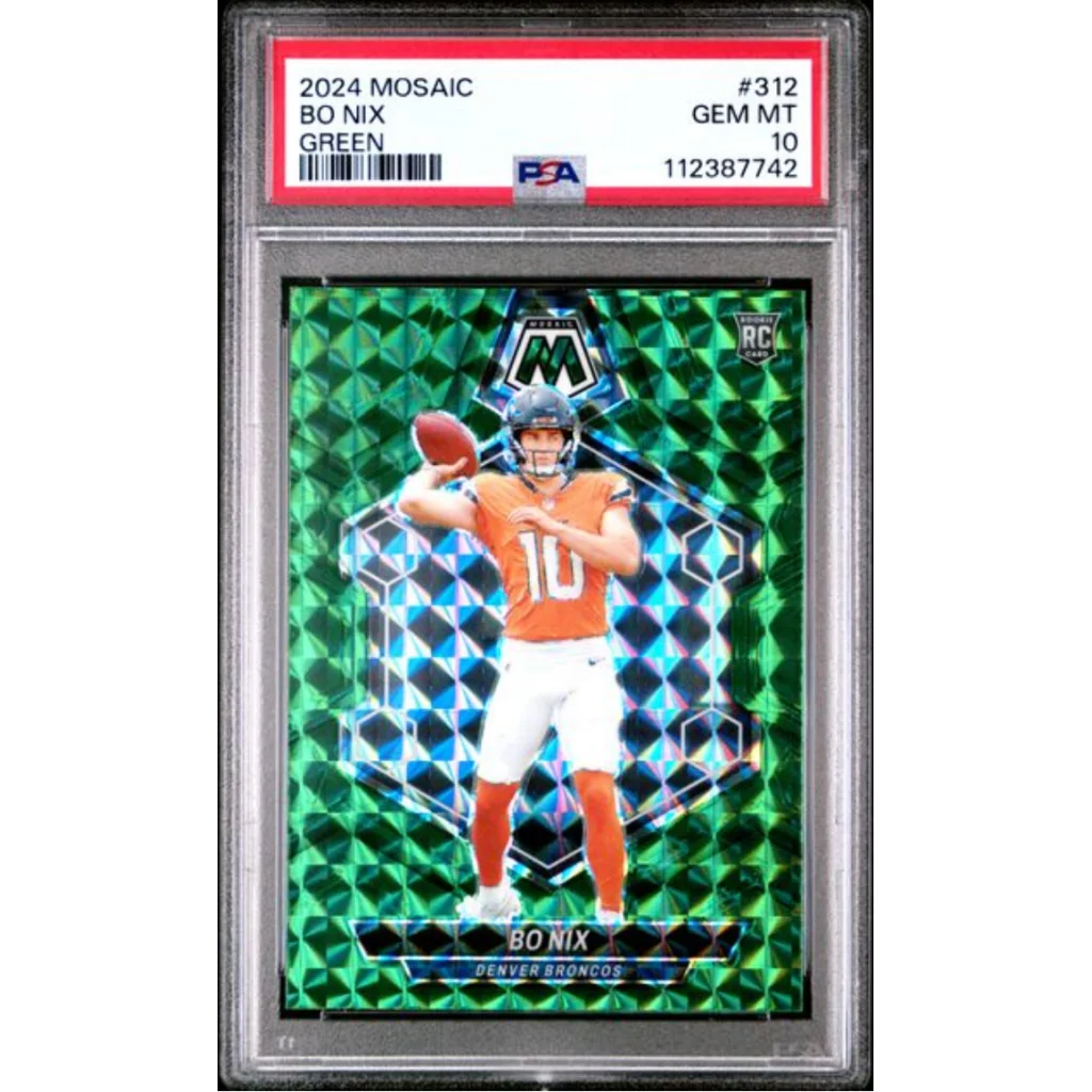 Graded 2024 Panini Mosaic Bo Nix #312 Green Rookie RC Football Card PSA 10 Gem Mint | Hall of Fame Sports Memorabilia | vintageantiquesgifts.com