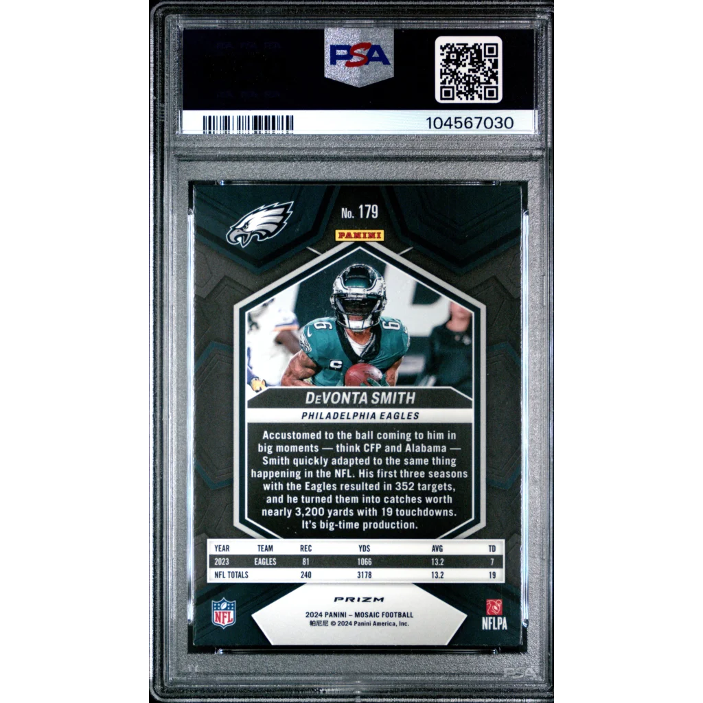 PSA graded DeVonta Smith 2024 Mosaic Green football card by professional sports authenticator