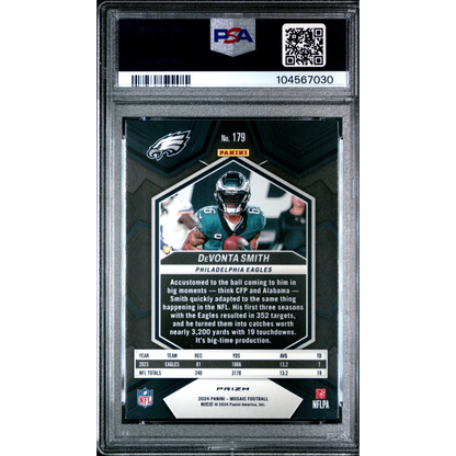 PSA graded DeVonta Smith 2024 Mosaic Green football card by professional sports authenticator