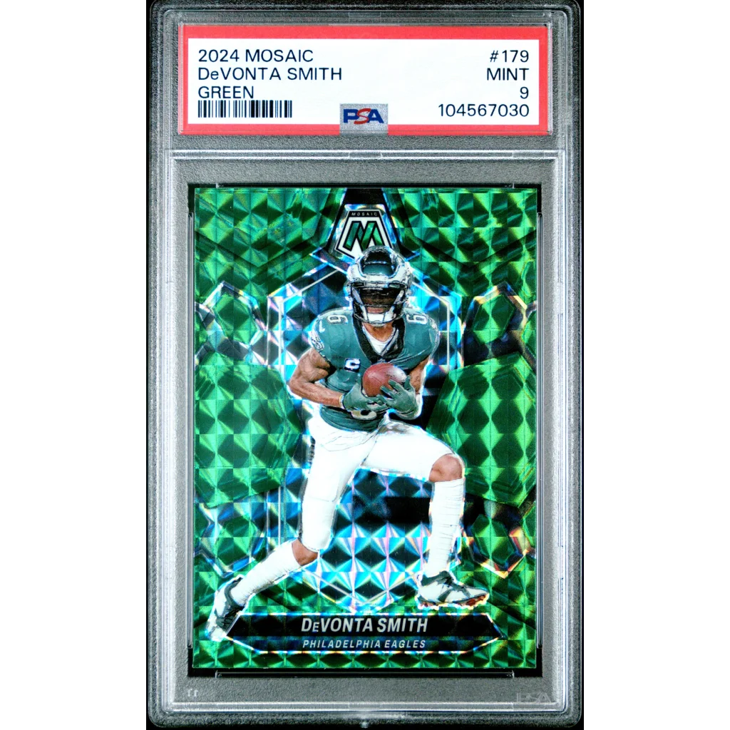 PSA graded DeVonta Smith 2024 Mosaic Green football card by professional sports authenticator