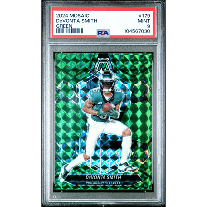 PSA graded DeVonta Smith 2024 Mosaic Green football card by professional sports authenticator