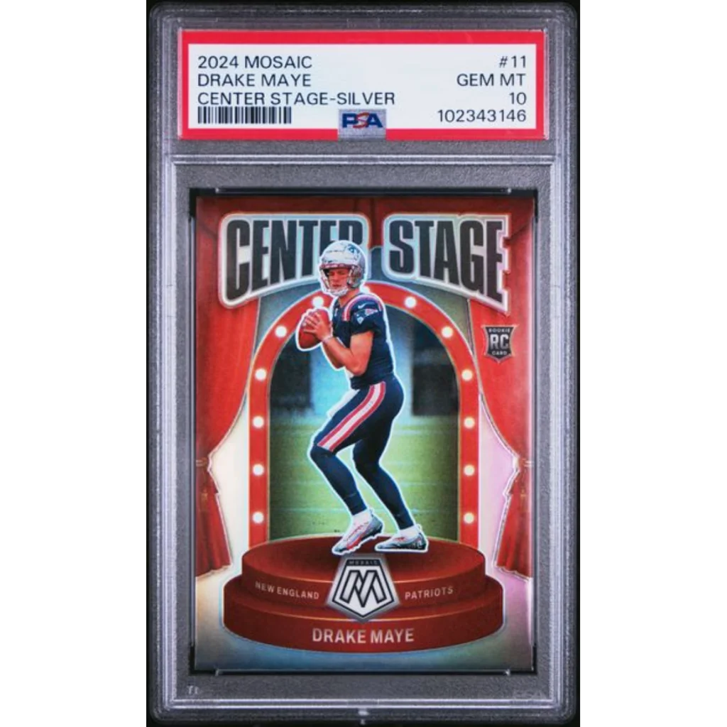 Graded 2024 Panini Mosaic Drake Maye 11 Center Stage Silver Rookie RC Football Card PSA 10 Gem Mint | Hall of Fame Sports Memorabilia | vintageantiquesgifts.com