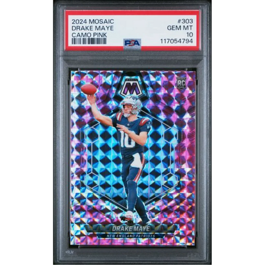 Graded 2024 Panini Mosaic Drake Maye #303 Camo Pink Rookie RC Football Card PSA 10 Gem Mint | Hall of Fame Sports Memorabilia | vintageantiquesgifts.com