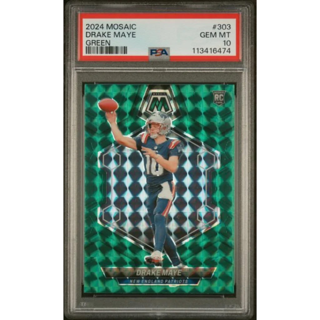 Graded 2024 Panini Mosaic Drake Maye #303 Green Rookie RC Football Card PSA 10 Gem Mint | Hall of Fame Sports Memorabilia | vintageantiquesgifts.com