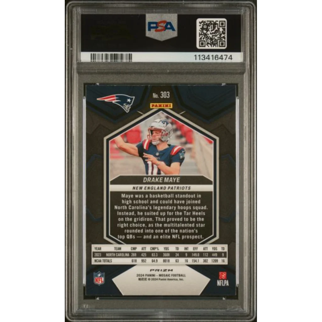 Graded 2024 Panini Mosaic Drake Maye #303 Green Rookie RC Football Card PSA 10 Gem Mint | PSA 10 Gem Mint Graded Rookie Card | vintageantiquesgifts.com