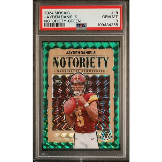 Graded 2024 Mosaic Jayden Daniels Notoriety Green Football Card in PSA case