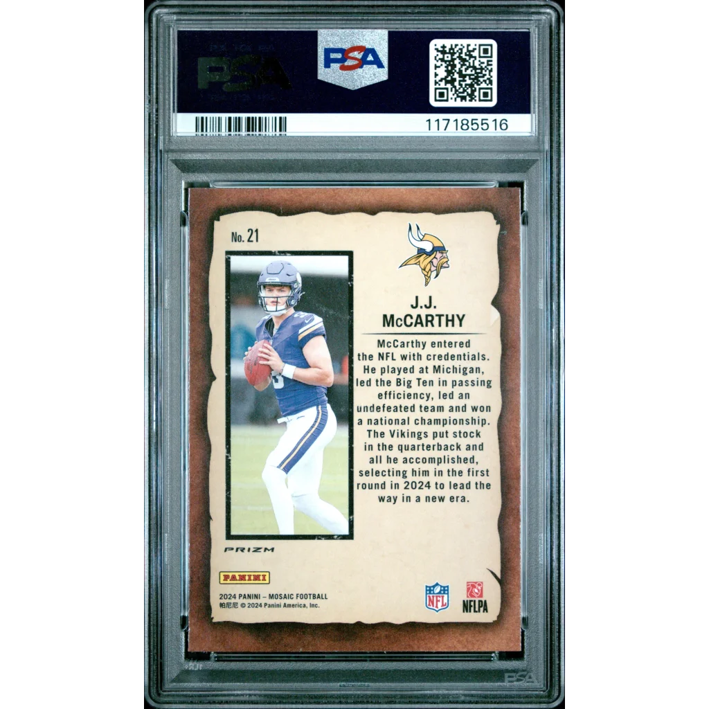 Graded 2024 Panini Mosaic JJ McCarthy #21 Notoriety Green Rookie RC Football Card PSA 10 Gem Mint | PSA 10 Gem Mint Graded Rookie Card | vintageantiquesgifts.com