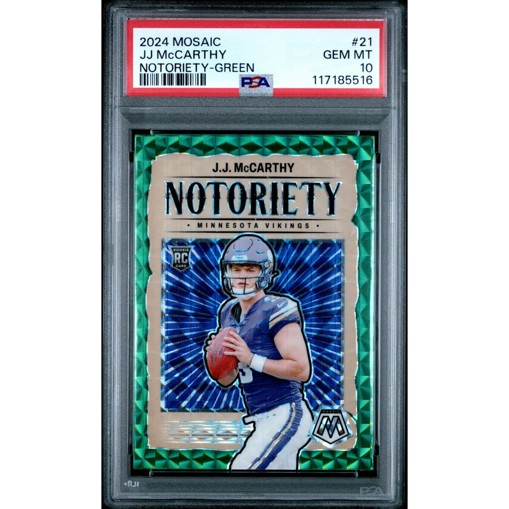 Graded 2024 Panini Mosaic JJ McCarthy #21 Notoriety Green Rookie RC Football Card PSA 10 Gem Mint | Hall of Fame Sports Memorabilia | vintageantiquesgifts.com