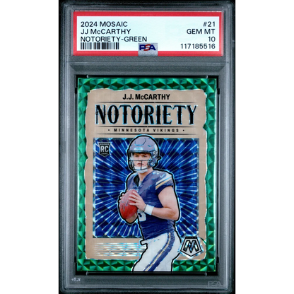 Graded 2024 Panini Mosaic JJ McCarthy #21 Notoriety Green Rookie RC Football Card PSA 10 Gem Mint | Hall of Fame Sports Memorabilia | vintageantiquesgifts.com