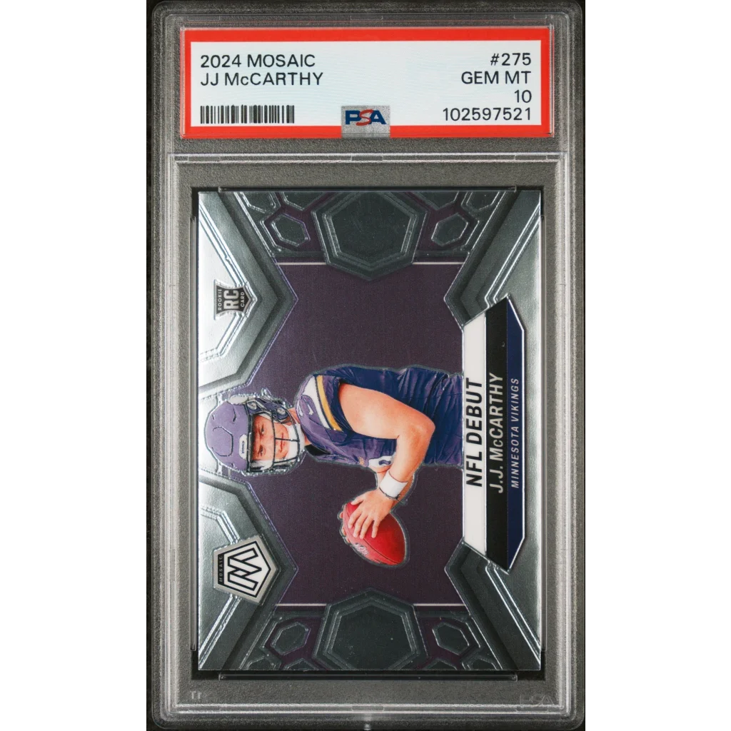 A graded 2024 Mosaic JJ McCarthy NFL Debut Vikings rookie football card