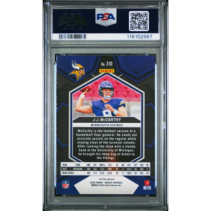Graded 2024 panini mosaic reactive blue jj mccarthy rookie football card psa 10 gem mint in protective case