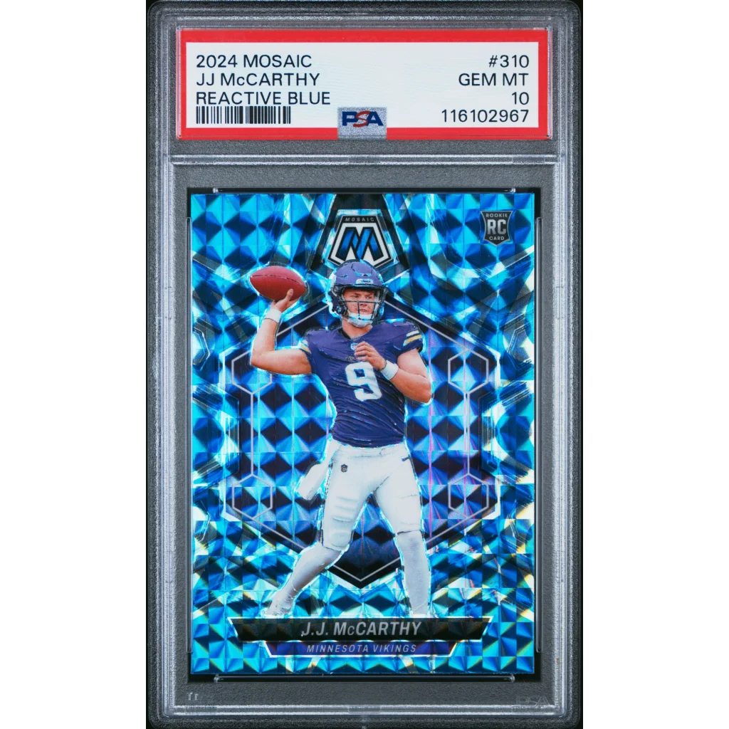 Graded 2024 panini mosaic jj mccarthy #310 reactive blue rookie football card psa 10 gem mint front view