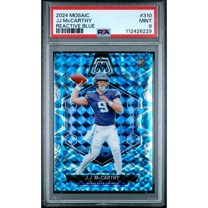 Graded 2024 Panini Mosaic JJ McCarthy #310 Reactive Blue Rookie RC Football Card PSA 9 Mint