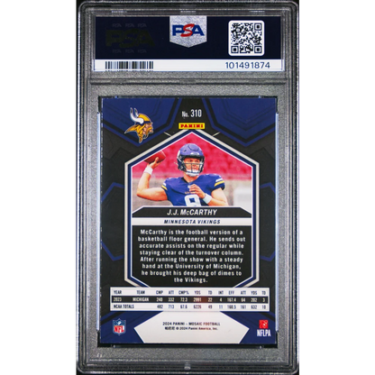 Graded 2024 Panini Mosaic JJ McCarthy #310 Rookie RC Football Card PSA 10 Gem Mint | PSA 10 Gem Mint Graded Rookie Card | vintageantiquesgifts.com