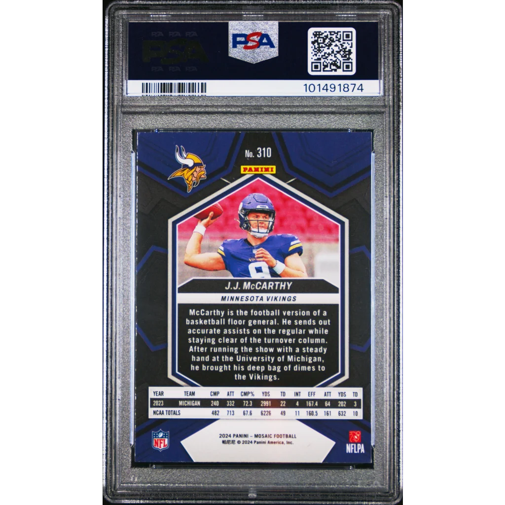 Graded J.J. McCarthy Panini Mosaic Gem Mint Rookie Card with sports authenticator label
