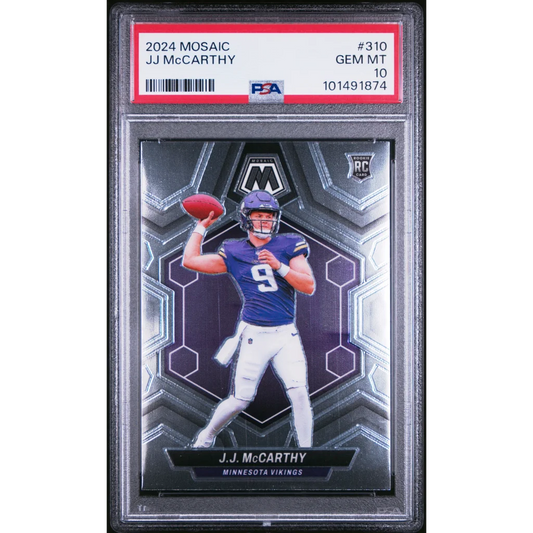 PSA graded JJ McCarthy Panini Mosaic Gem Mint rookie card from 2024 sports authenticator