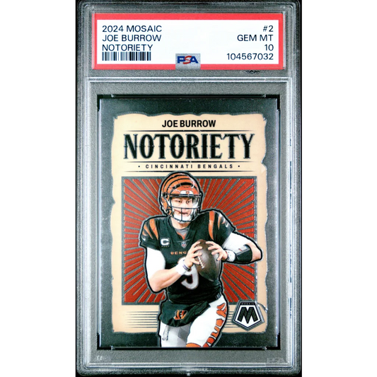 A graded 2024 Mosaic Joe Burrow Notoriety football card in PSA holder