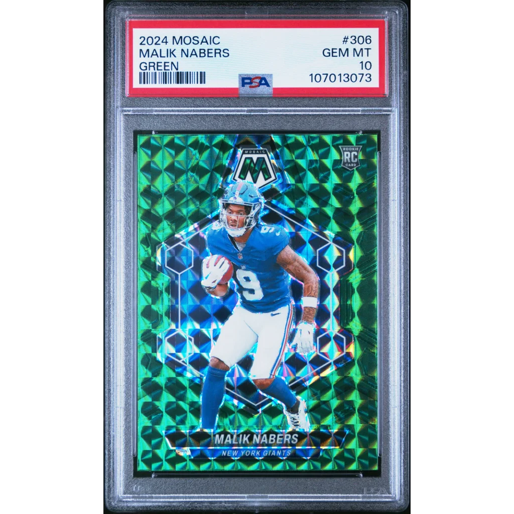 PSA graded Malik Nabers 2024 Mosaic Green football card from the Prism Mosaic Duo