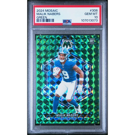PSA graded Malik Nabers 2024 Mosaic Green football card from the Prism Mosaic Duo