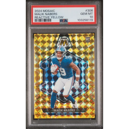 Graded 2024 Panini Mosaic Malik Nabers #306 Reactive Yellow Rookie RC Football Card PSA 10 Gem Mint | Hall of Fame Sports Memorabilia | vintageantiquesgifts.com