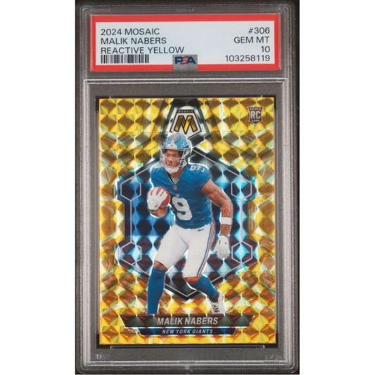 Graded 2024 Panini Mosaic Malik Nabers #306 Reactive Yellow Rookie RC Football Card PSA 10 Gem Mint | Hall of Fame Sports Memorabilia | vintageantiquesgifts.com