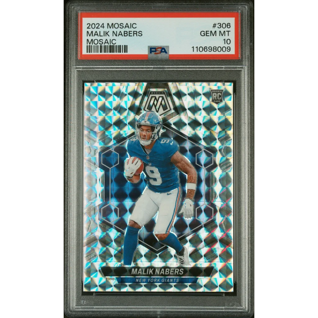 Graded 2024 Malik Nabers Panini Mosaic football rookie sports card in PSA case