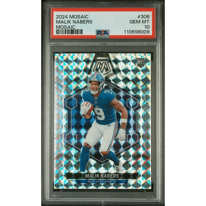 Graded 2024 Malik Nabers Panini Mosaic football rookie sports card in PSA case