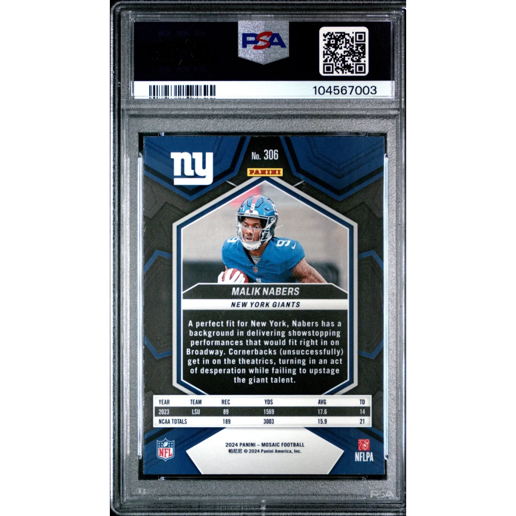 PSA-graded Malik Nabers New York Giants football card by Professional Sports Authenticator
