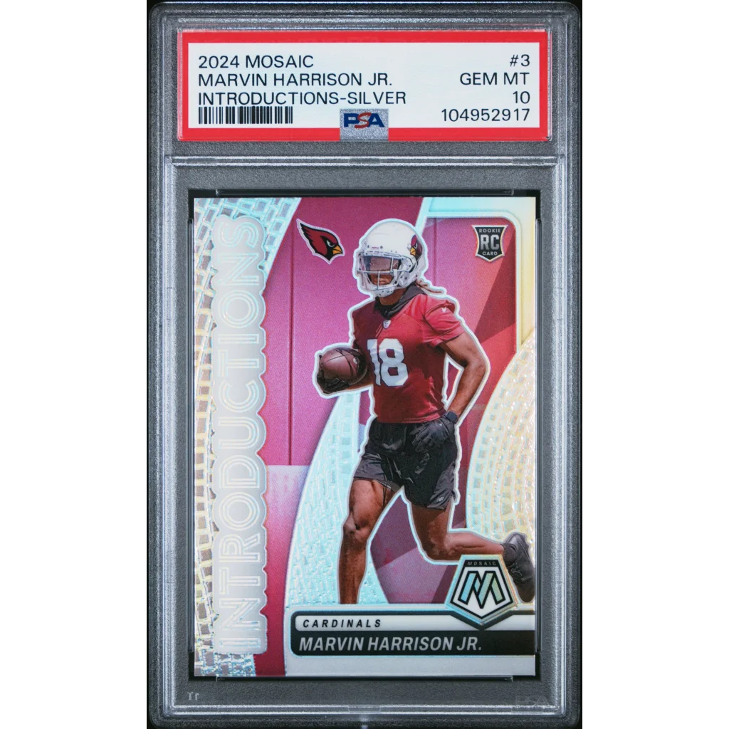 Graded 2024 Panini Mosaic Marvin Harrison Jr #3 Introductions Silver Rookie RC Football Card PSA 10 Gem Mint | Hall of Fame Sports Memorabilia | vintageantiquesgifts.com