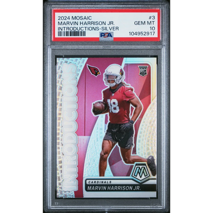 Graded 2024 Panini Mosaic Marvin Harrison Jr #3 Introductions Silver Rookie RC Football Card PSA 10 Gem Mint | Hall of Fame Sports Memorabilia | vintageantiquesgifts.com