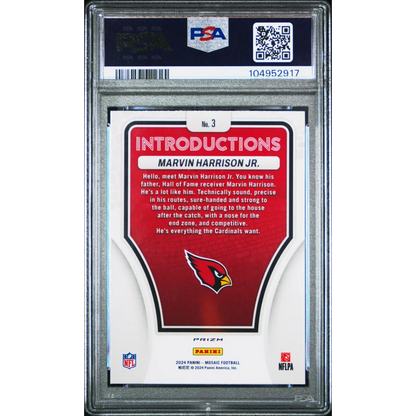Graded 2024 Panini Mosaic Marvin Harrison Jr #3 Introductions Silver Rookie RC Football Card PSA 10 Gem Mint | PSA 10 Gem Mint Graded Rookie Card | vintageantiquesgifts.com