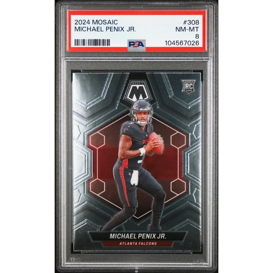 A graded 2024 Mosaic Michael Penix Jr. rookie football card in PSA holder