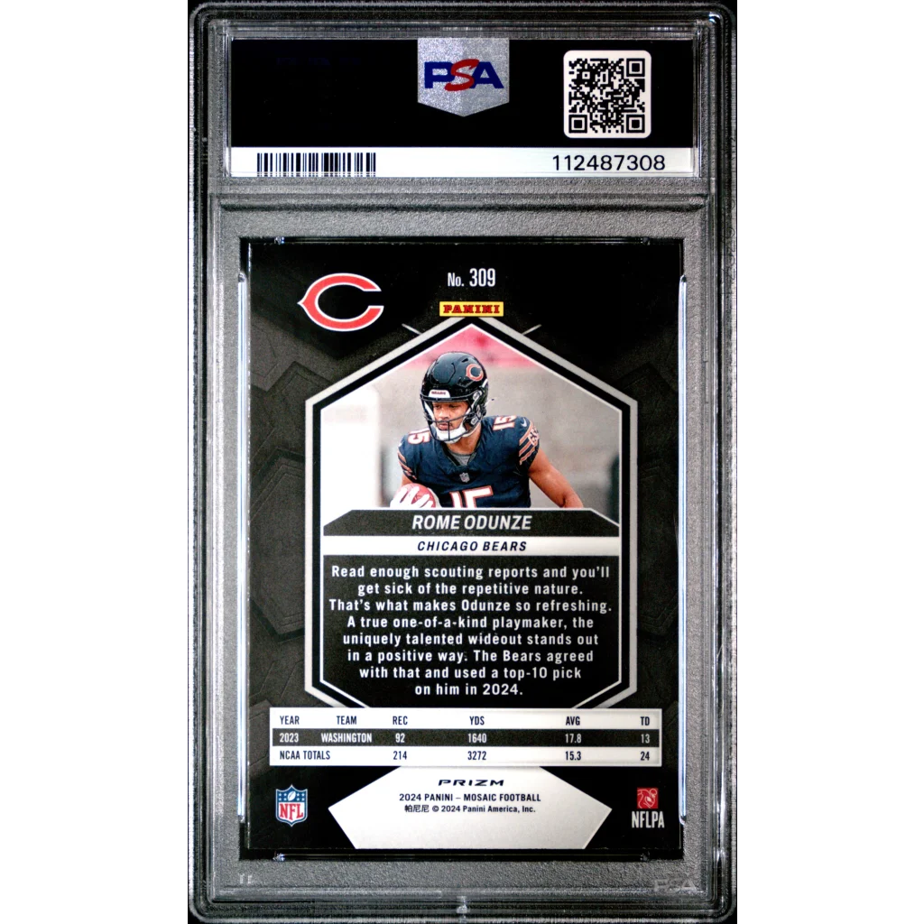PSA Graded 2024 Mosaic Rome Odunze Green Football Card showing detail