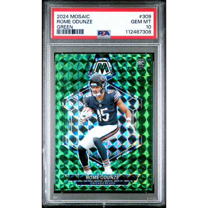 A graded 2024 Mosaic Rome Odunze Green football trading card in PSA case