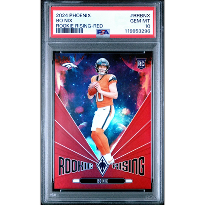 Graded 2024 Panini Phoenix Bo Nix #RRBNX Rookie Rising Red /99 Rookie RC Football Card PSA 10 Gem Mint
