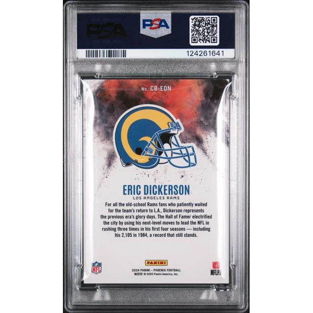 Graded PSA 10 Eric Dickerson 2024 Panini Phoenix Color Blast Rams helmet card