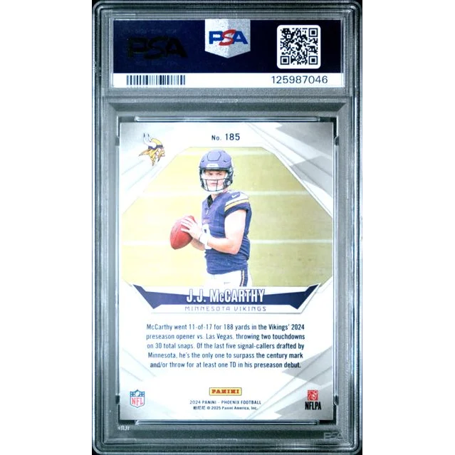Graded 2024 Panini Phoenix Purple JJ McCarthy #185 Rookie RC Football Card PSA 10 Gem Mint | PSA 10 Gem Mint Graded Rookie Card | vintageantiquesgifts.com