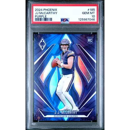 Graded 2024 Panini Phoenix Purple JJ McCarthy #185 Rookie RC Football Card PSA 10 Gem Mint | Hall of Fame Sports Memorabilia | vintageantiquesgifts.com