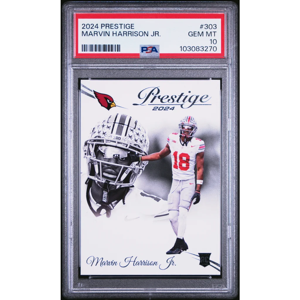 PSA graded 2024 Marvin Harrison Jr. Cardinals rookie football card with full-body and headshot