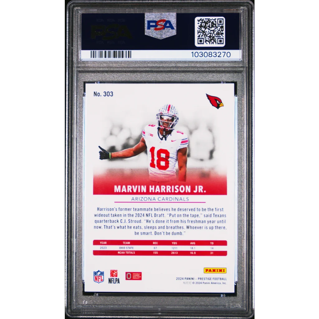 PSA Graded Marvin Harrison Jr Arizona Cardinals rookie football card from Prestige 2024