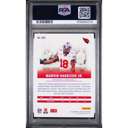 PSA Graded Marvin Harrison Jr Arizona Cardinals rookie football card from Prestige 2024