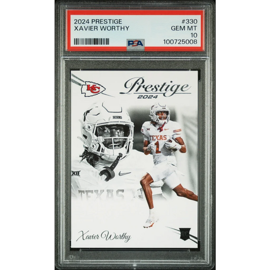 PSA graded 2024 Xavier Worthy Prestige football card on display