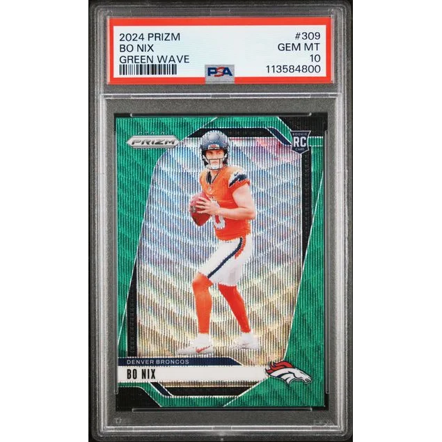 Graded 2024 Panini Prizm Bo Nix #309 Green Wave Rookie RC Football Card PSA 10 Gem Mint